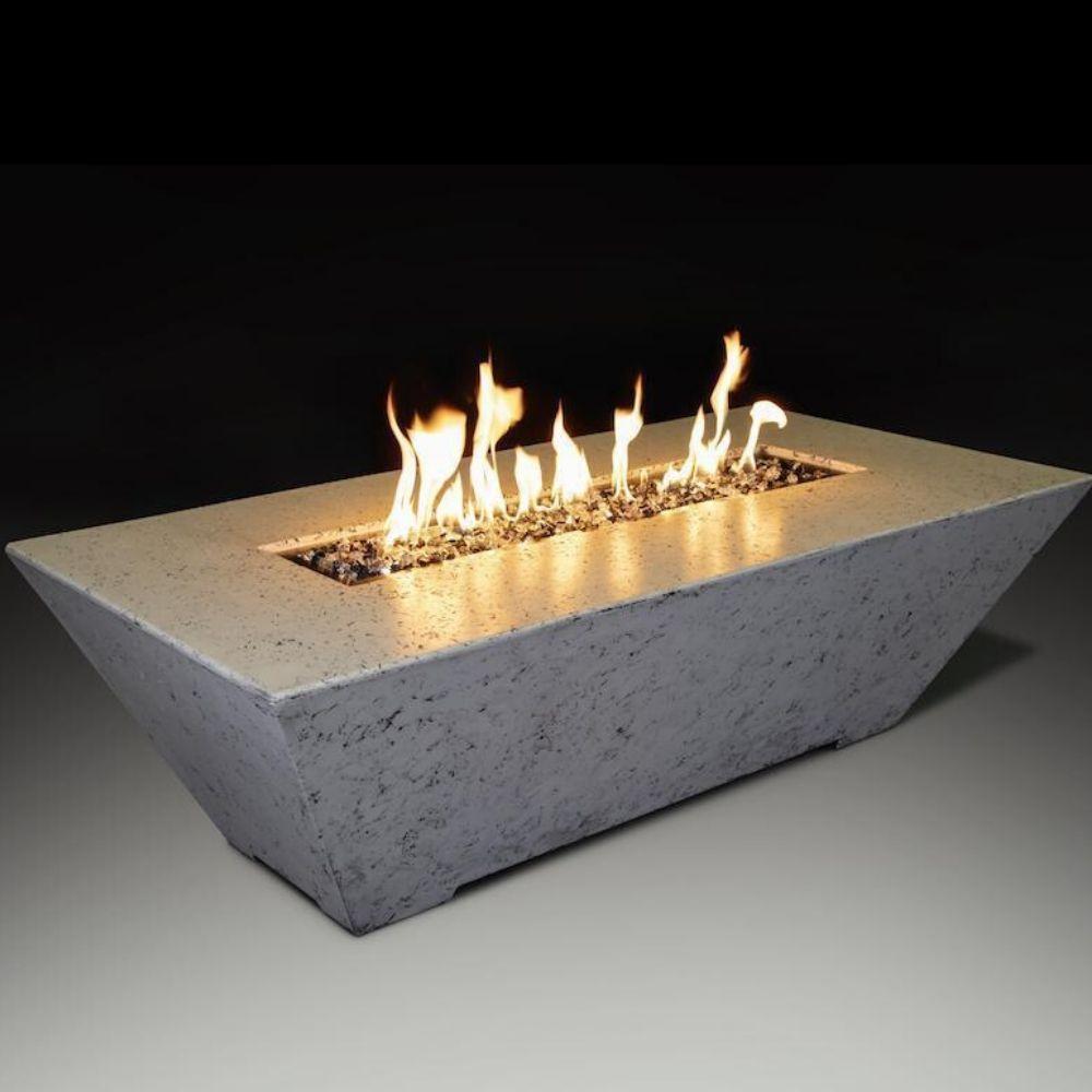 Athena Olympus rectangular concrete gas fire pit table with flames, stylish outdoor centerpiece, easy assembly.