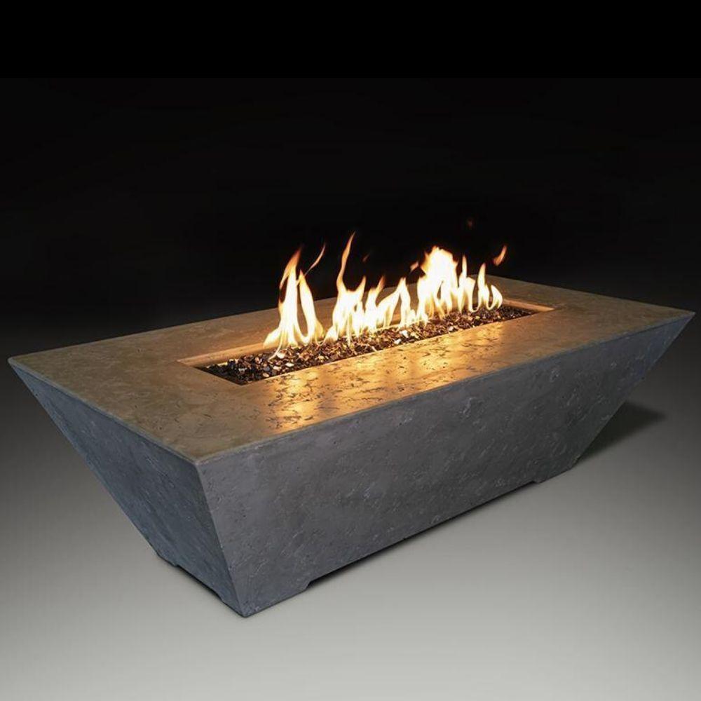 Athena Olympus rectangular concrete gas fire pit table with flames, perfect for outdoor gatherings.