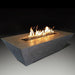 Athena Olympus rectangular concrete gas fire pit table with flames, perfect for outdoor gatherings.