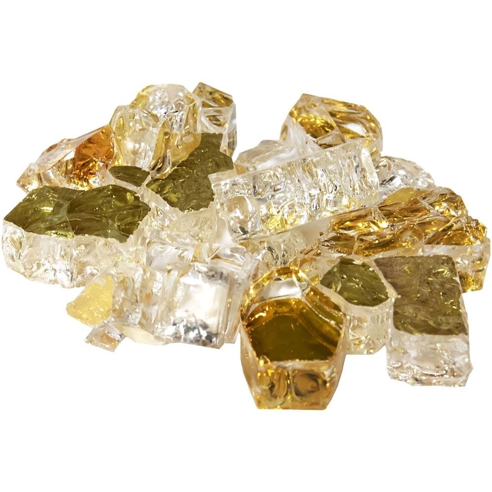 Athena 1/2" reflective fire glass in clear and gold colors for fireplaces and fire pits.