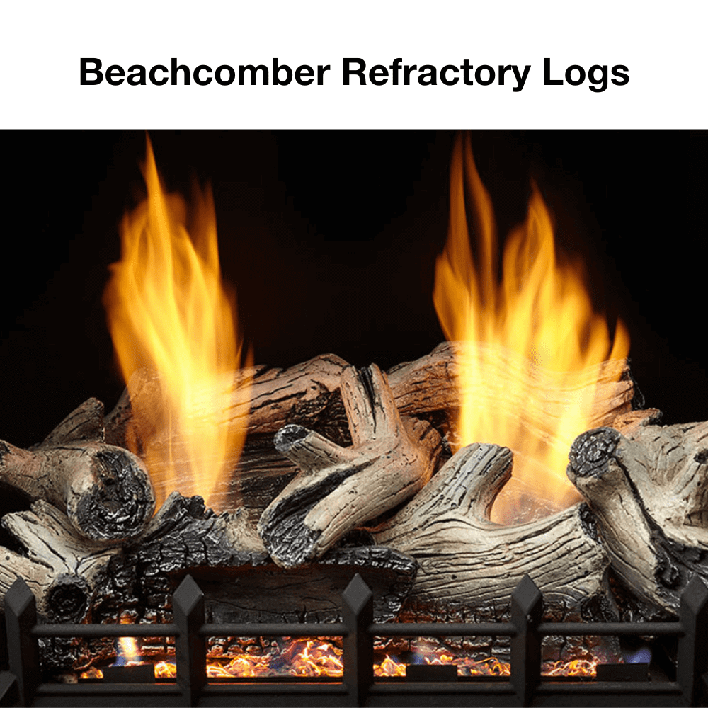 Realistic Beachcomber refractory logs burning in a gas fireplace with vibrant flames.