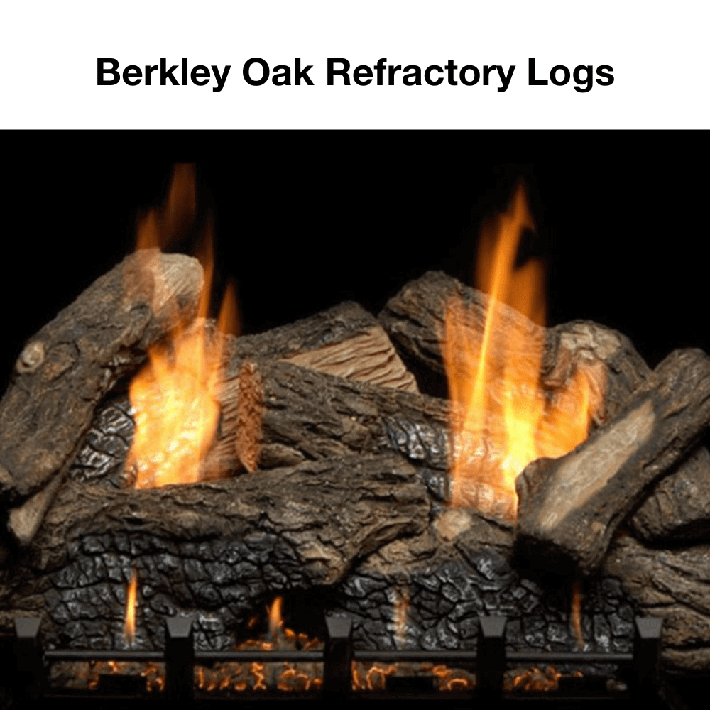 Berkley Oak refractory logs glowing in a fireplace, showcasing realistic flames and lifelike texture.