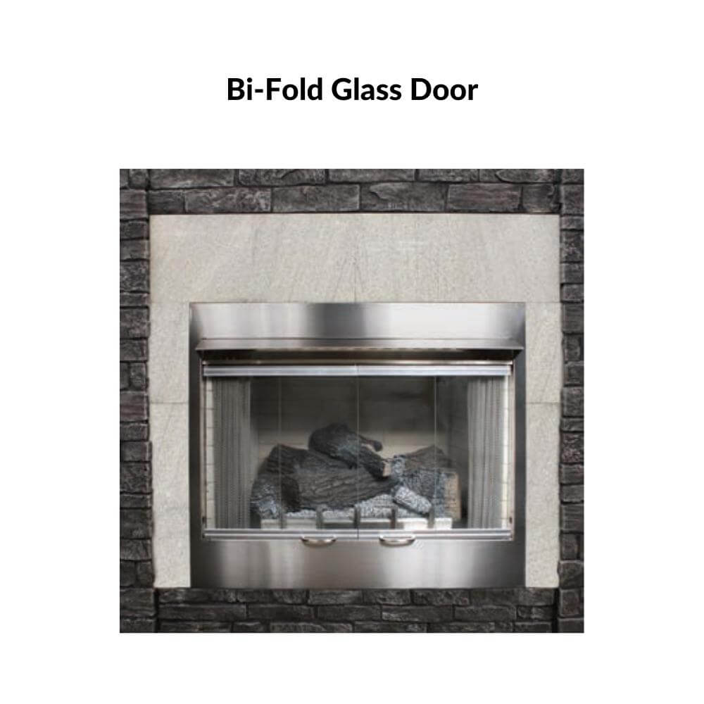 Empire Carol Rose Premium Outdoor Vent Free Gas Fireplace - Fireplace with bi-fold glass door and stone surround on a white background