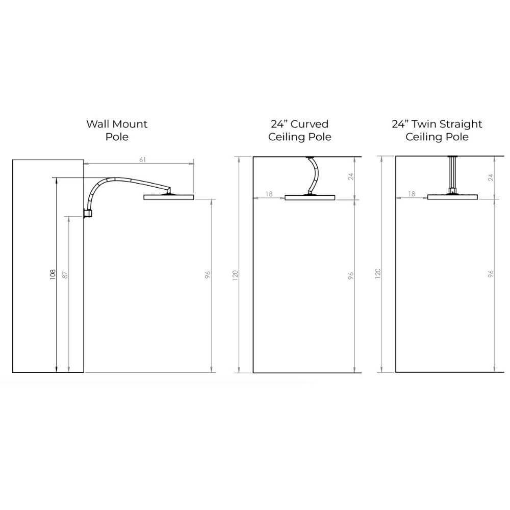 Dimensions of wall mount and ceiling poles for Bromic heaters with labels for each type.