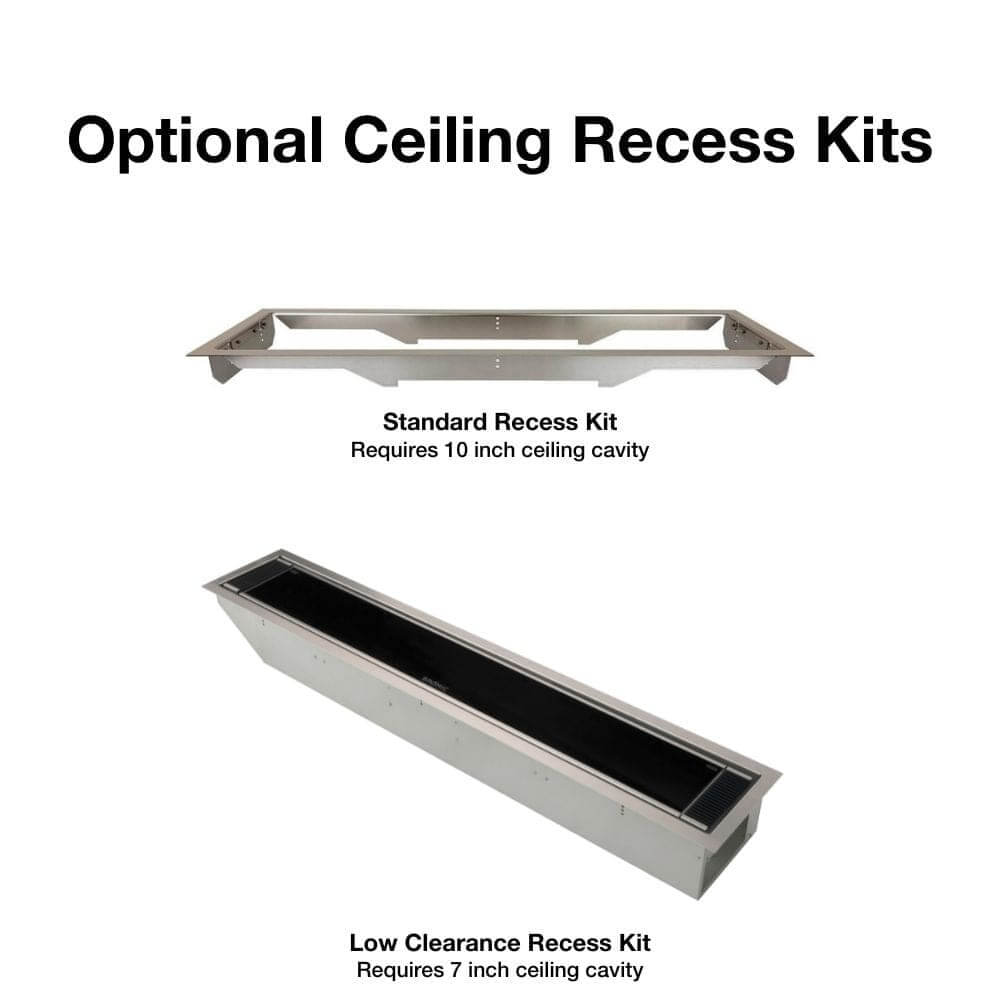 Image showing optional ceiling recess kits: Standard (10" cavity) and Low Clearance (7" cavity) for Bromic heaters.