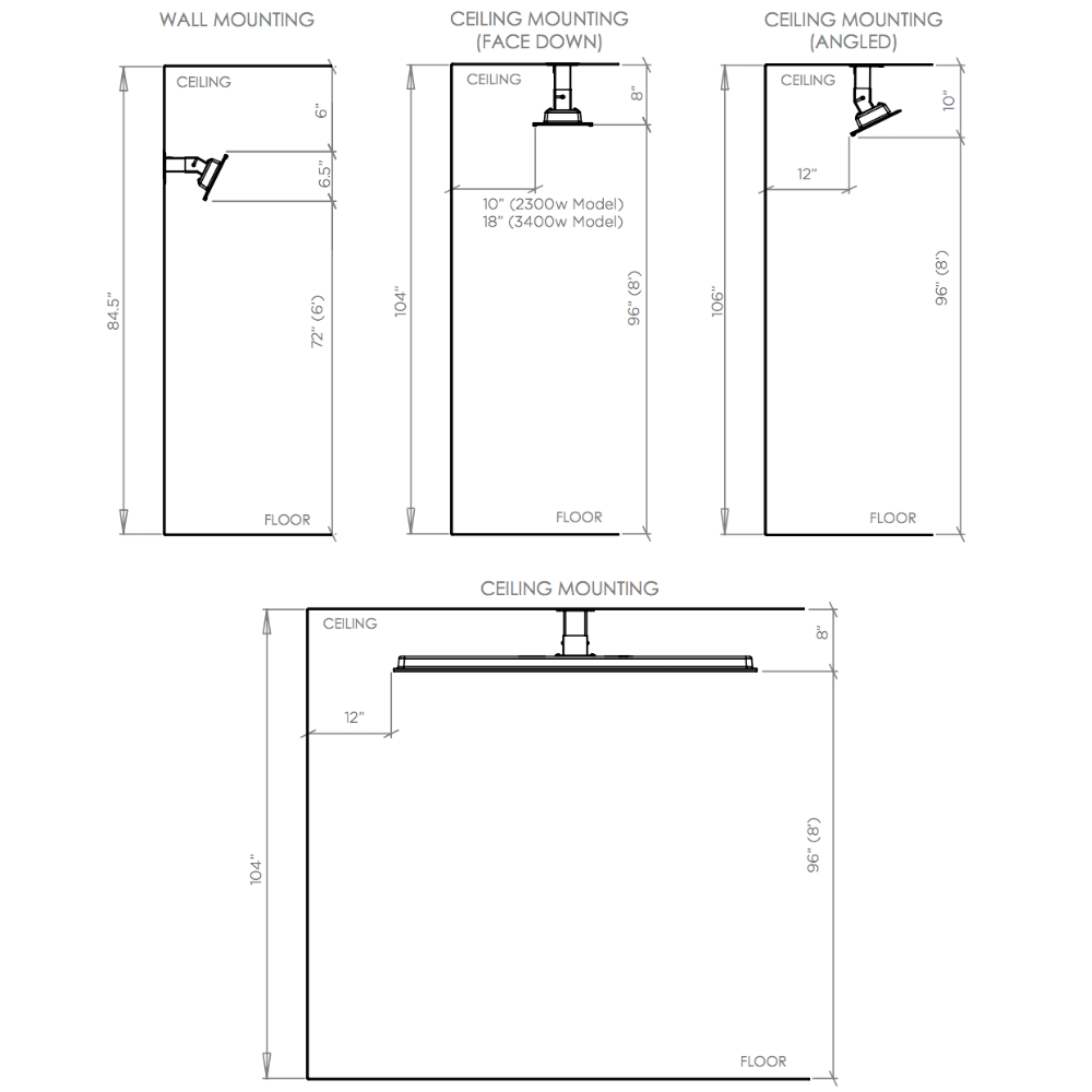Dimensions and mounting options for Bromic Platinum 208V Smart-Heat wall and ceiling electric heater.