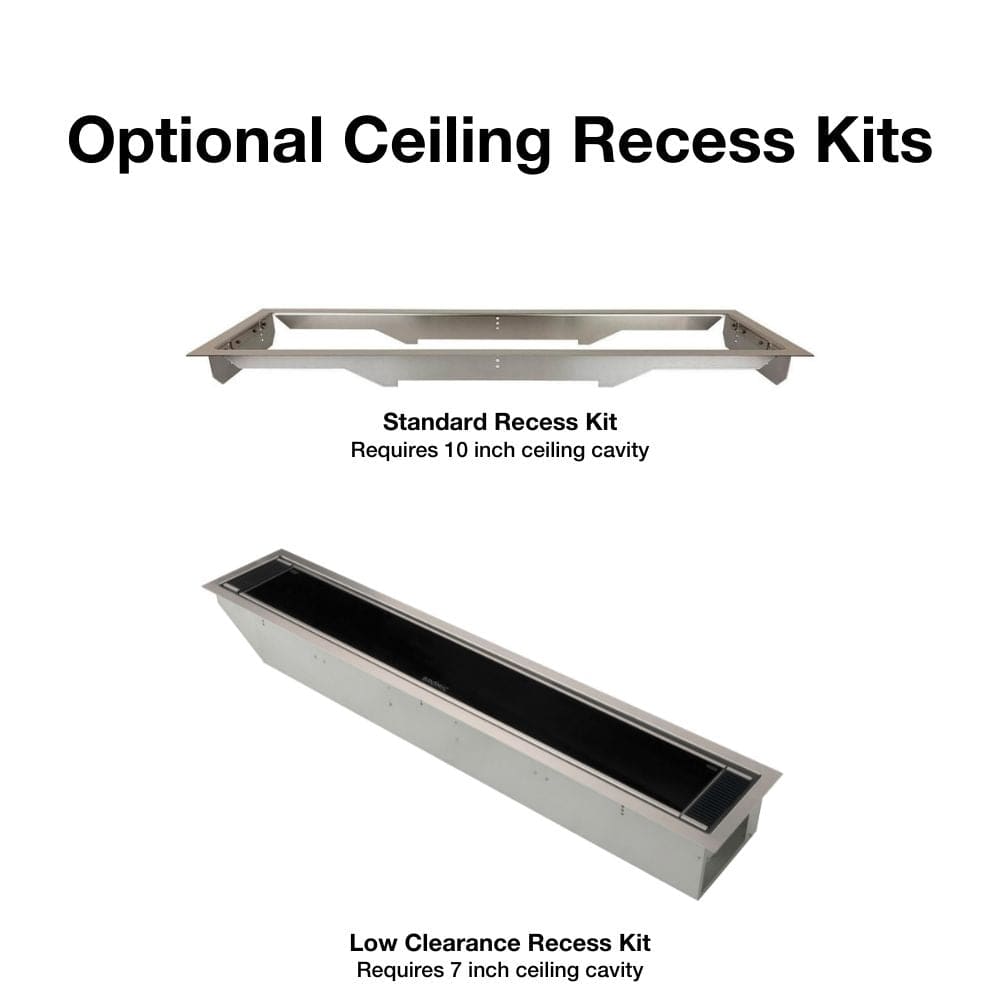 Optional ceiling recess kits for Bromic Platinum heater: standard and low clearance options.