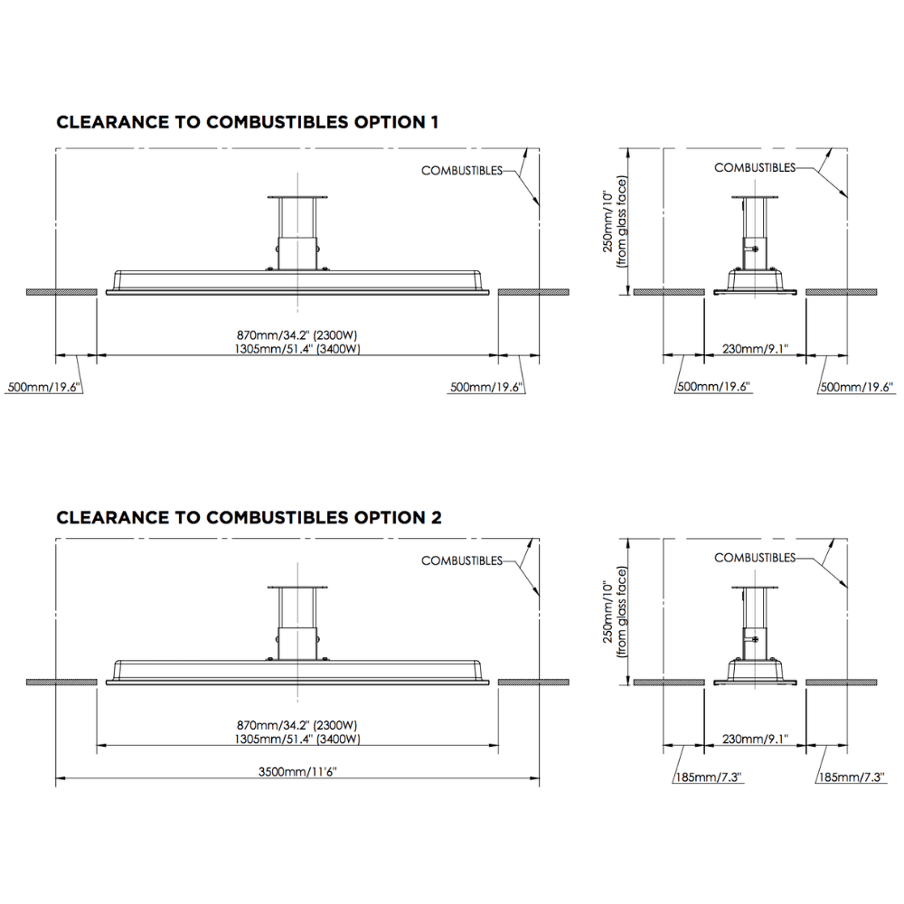 Diagrams showing clearance measurements for Bromic Platinum Smart-Heat electric heater installation options.