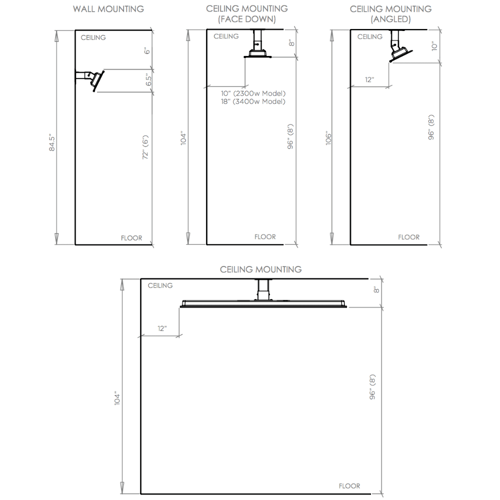 Bromic Platinum Smart-Heat Electric Heater installation dimensions for wall and ceiling mounting options.