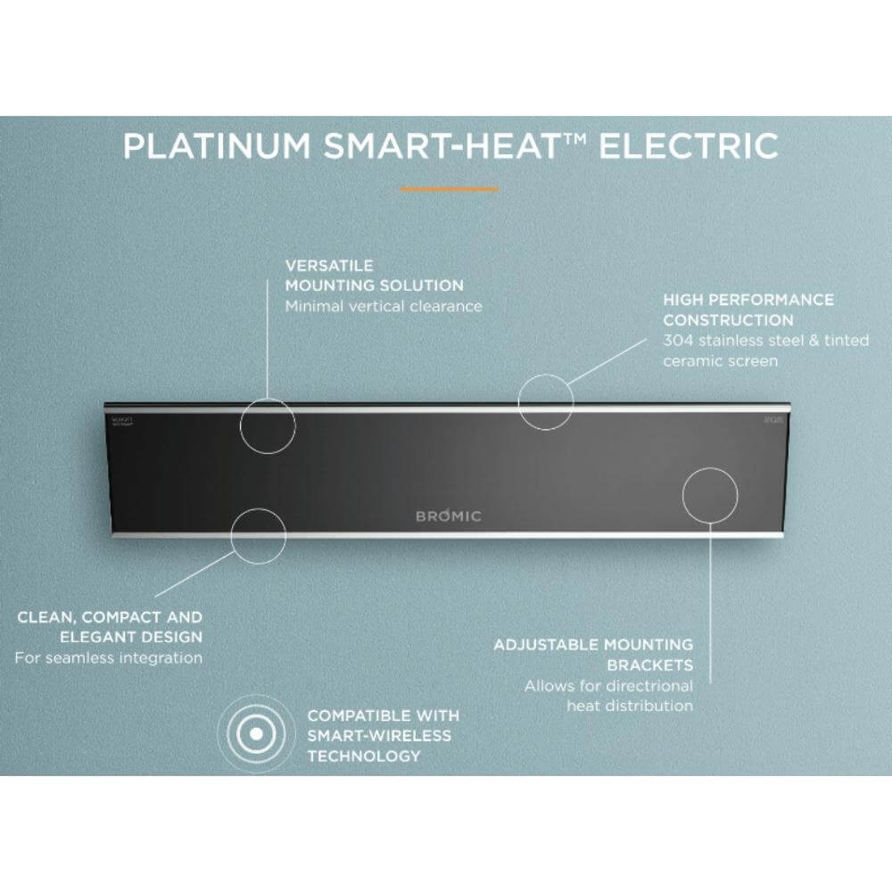 Bromic Platinum Smart-Heat Electric Heater features: sleek design, adjustable brackets, and smart-wireless compatibility.
