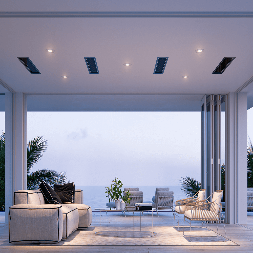 Modern outdoor living space featuring a Bromic Platinum Smart-Heat Electric Heater for stylish heating.