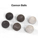 Set of six decorative cannon balls in black, gray, and white colors.