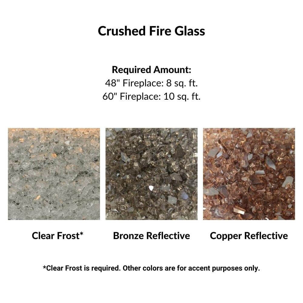Empire Carol Rose Vent-Free Outdoor Linear Gas Fireplace - Information on crushed fire glass with color options and required amounts for different fireplace sizes.