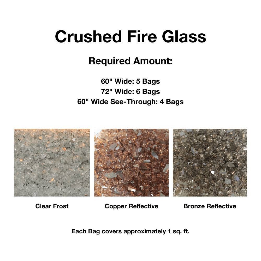 Empire Boulevard 72-Inch Linear Vent-Free Gas Fireplace - Informational graphic about crushed fire glass with color options and measurements.