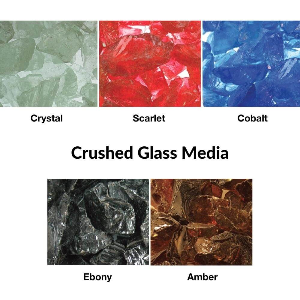 Variety of crushed glass media colors: Crystal, Scarlet, Cobalt, Ebony, and Amber for fireplace decoration.
