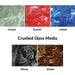 Variety of crushed glass media colors: Crystal, Scarlet, Cobalt, Ebony, and Amber for fireplace decoration.
