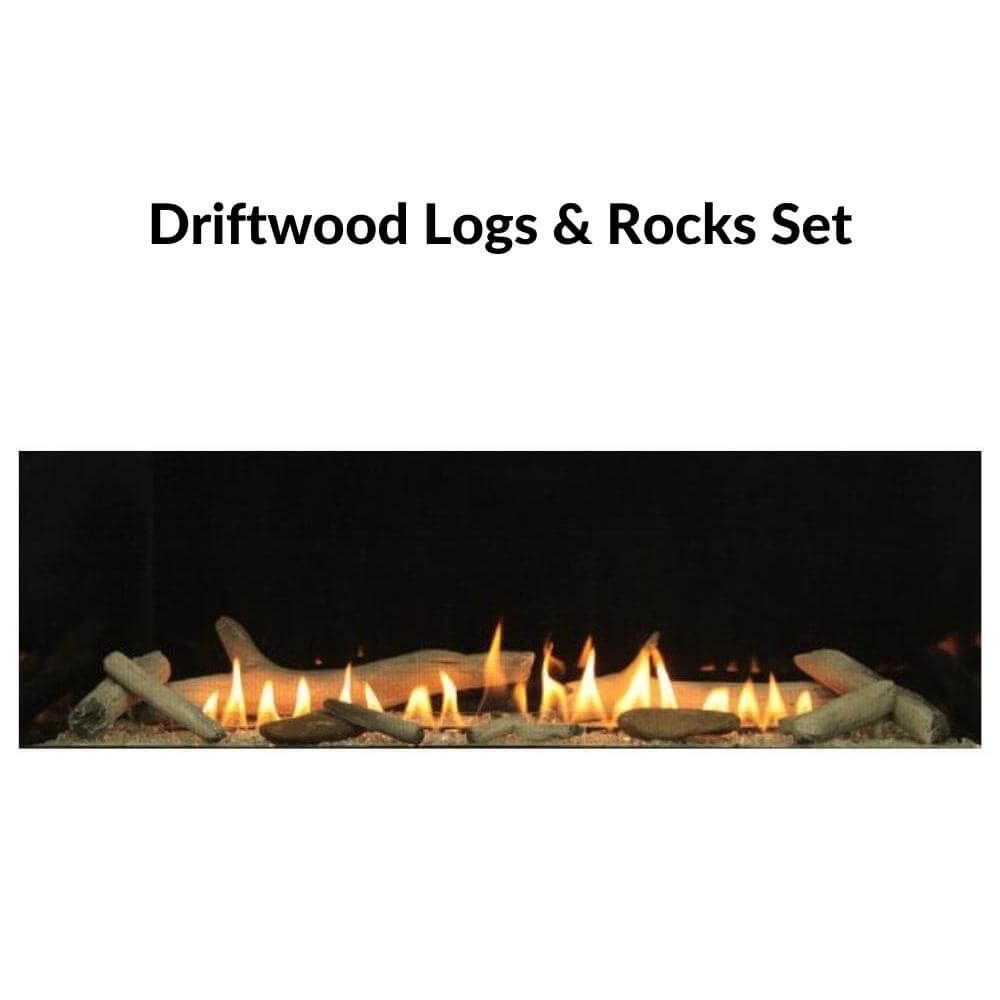 Empire Boulevard 48-Inch Linear Vent-Free See-Through Gas Fireplace - Driftwood logs and rocks set for a fireplace with flames in the background.