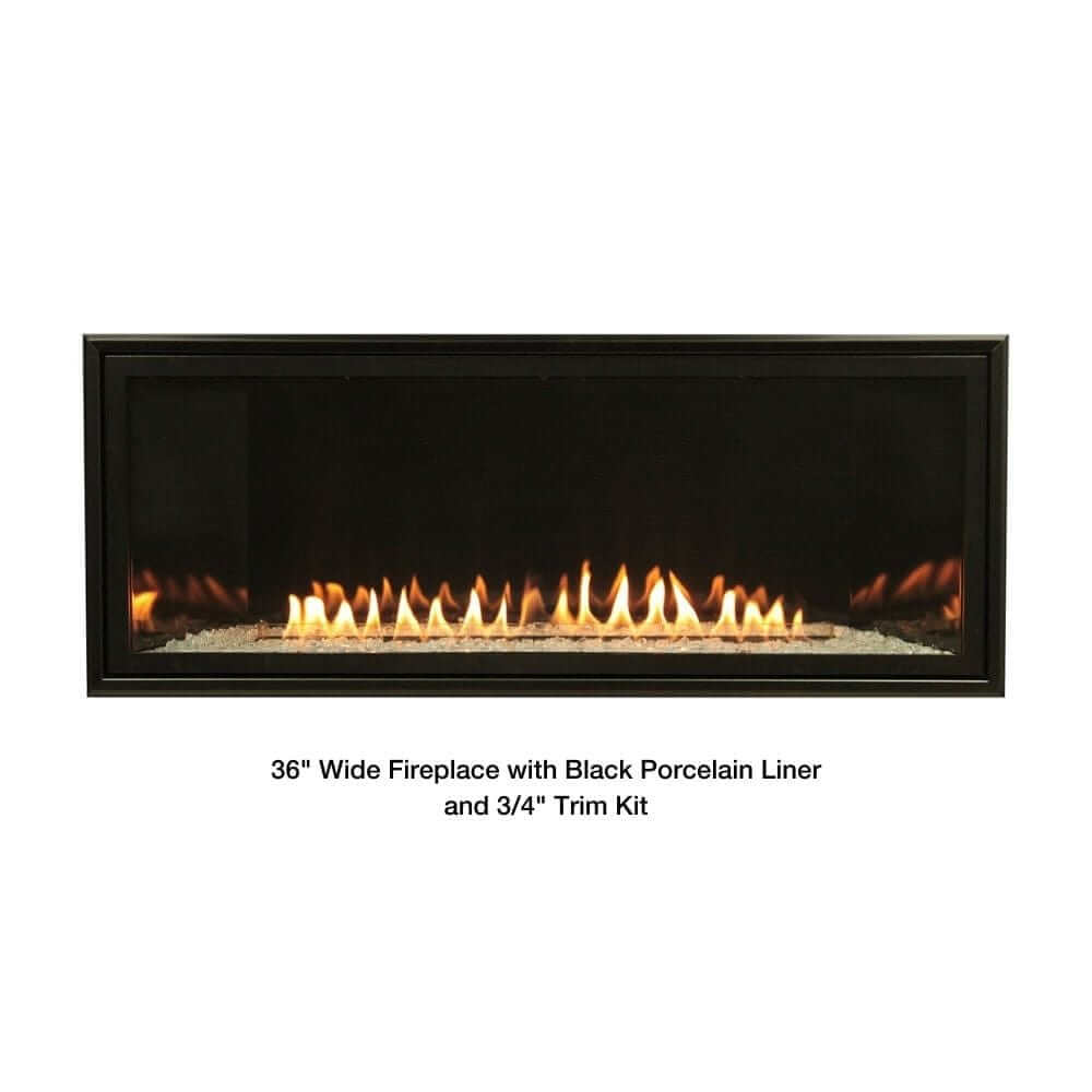 Empire Boulevard 36-Inch/48-Inch Linear Vent-Free Gas Fireplace - 36-inch wide fireplace with black porcelain liner and 3/4-inch trim kit on a white background