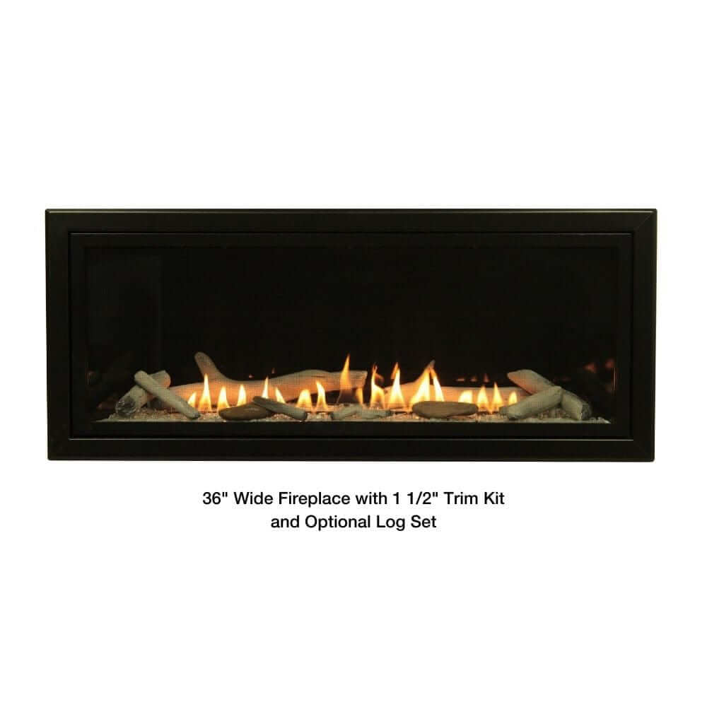 Empire Boulevard 36-Inch/48-Inch Linear Vent-Free Gas Fireplace - 36-inch wide fireplace with lit logs on a white background