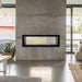 Empire Boulevard 48-Inch Linear Vent-Free See-Through Gas Fireplace - Modern living room with a concrete wall and linear fireplace.