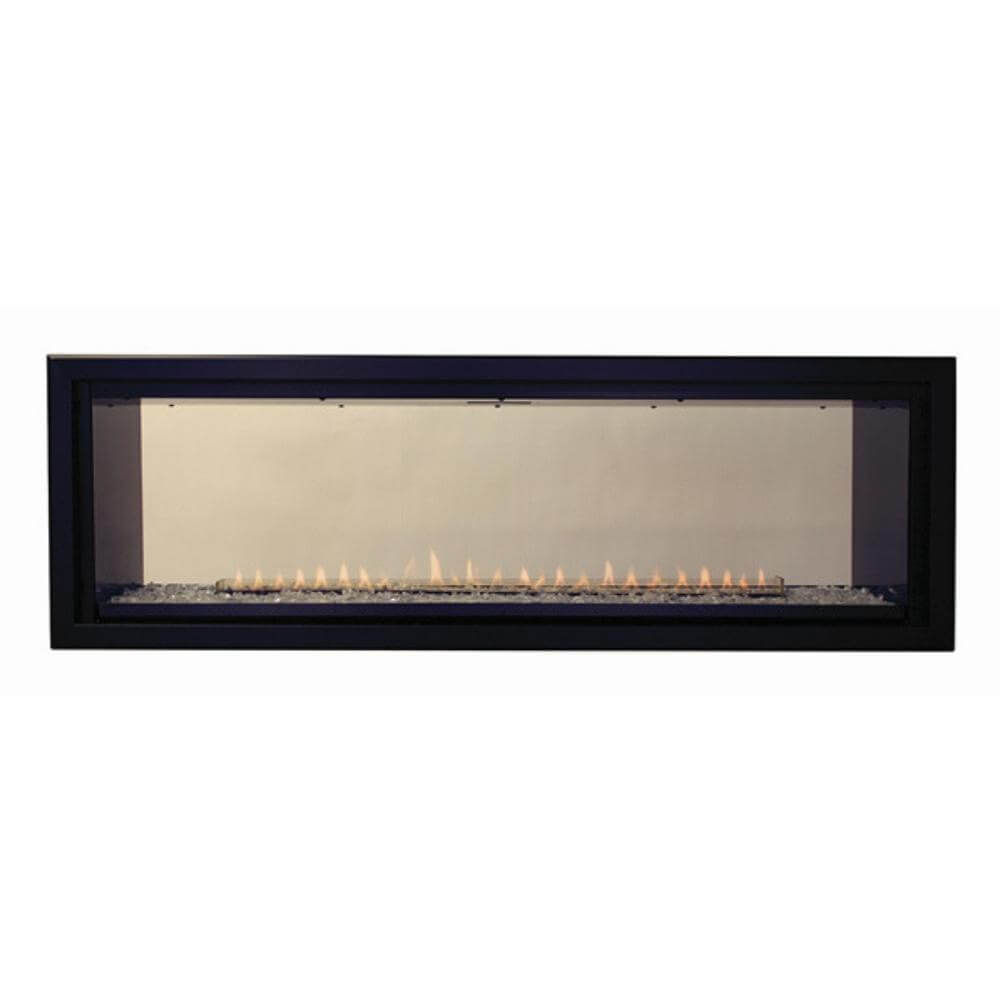 Empire Boulevard 48-Inch Linear Vent-Free See-Through Gas Fireplace - Modern linear fireplace with black frame and visible flames on a white background