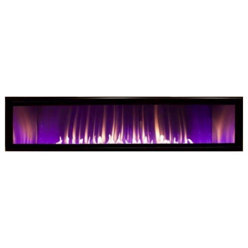Empire Boulevard 60-Inch Linear Vent-Free Gas Fireplace - Rectangular electronic fireplace insert with purple and gold flames on a white background