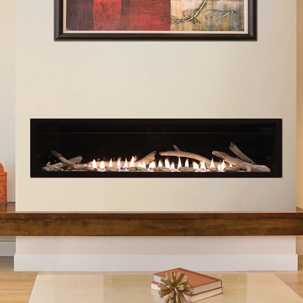 Empire Boulevard 60-Inch Linear Vent-Free Gas Fireplace - Modern electric fireplace with decorative logs on a white wall with a framed abstract painting above.