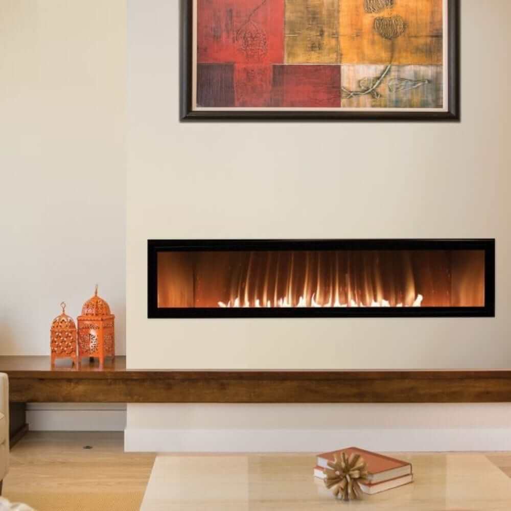 Empire Boulevard 60-Inch Linear Vent-Free Gas Fireplace - Modern fireplace with a wooden mantel and abstract art above it.