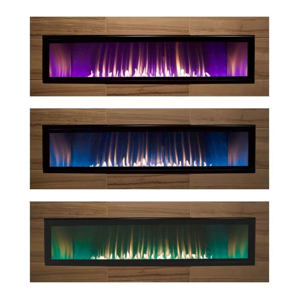 Empire Boulevard 60-Inch Linear Vent-Free Gas Fireplace - Three electric fireplaces with different color flames on a white background