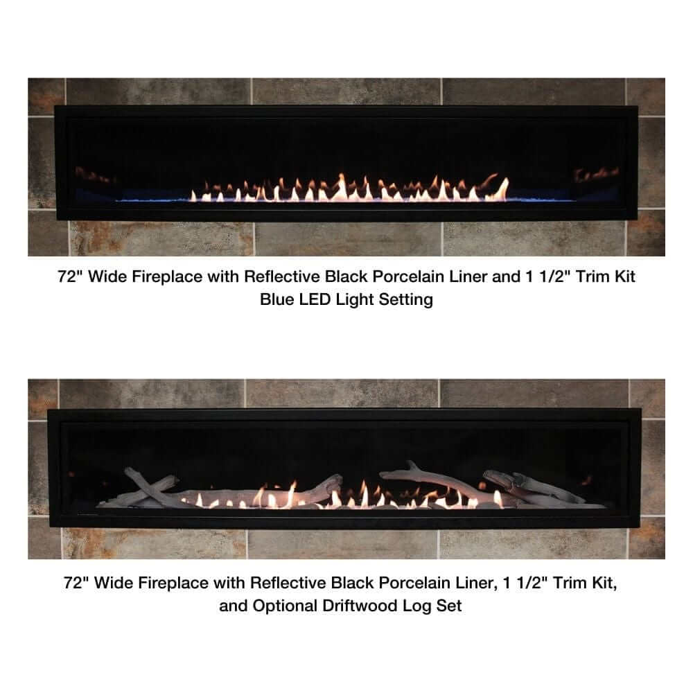 Empire Boulevard 72-Inch Linear Vent-Free Gas Fireplace - Two images of a 72-inch wide fireplace with reflective black porcelain liner and trim kit, one with blue LED light setting and the other with optional driftwood log set.