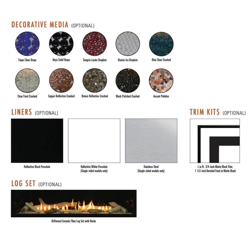 Empire Boulevard 36-Inch/48-Inch Linear Vent-Free Gas Fireplace - Decorative options for a fireplace including media, liners, trim kits, and log set.