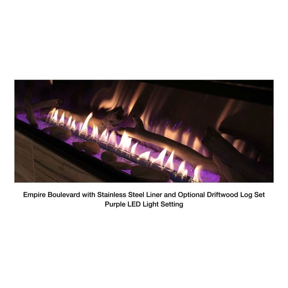Empire Boulevard 60-Inch Linear Vent-Free Gas Fireplace - Fireplace with purple LED lights and driftwood logs on a white background