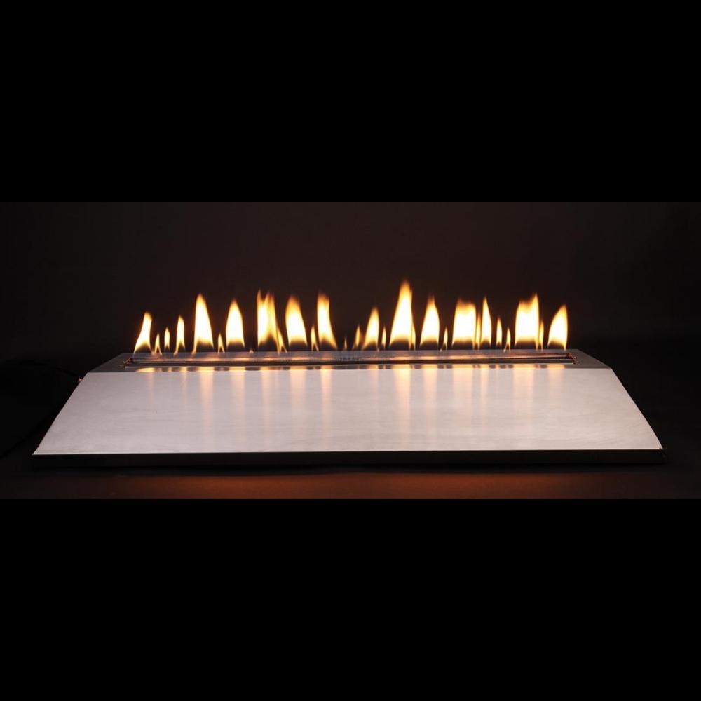 Empire Carol Rose Loft Outdoor Stainless Steel Gas Insert - A stainless steel gas fireplace insert with multiple flames, set against a dark background.