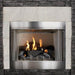 Empire Carol Rose Premium Outdoor Vent Free Gas Fireplace - Stainless steel fireplace insert with flames and logs inside, framed by stone wall.
