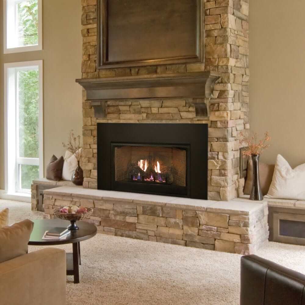 Empire Innsbrook 31-Inch Vent-Free Gas Fireplace Insert - Living room with stone fireplace and decorative elements