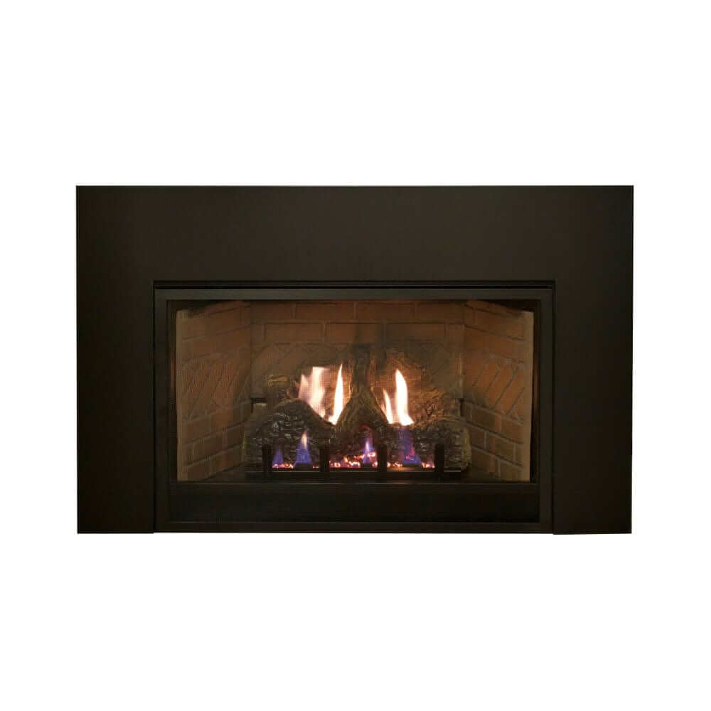 Empire Innsbrook 31-Inch Vent-Free Gas Fireplace Insert - Fireplace with flames inside a black frame on a white background