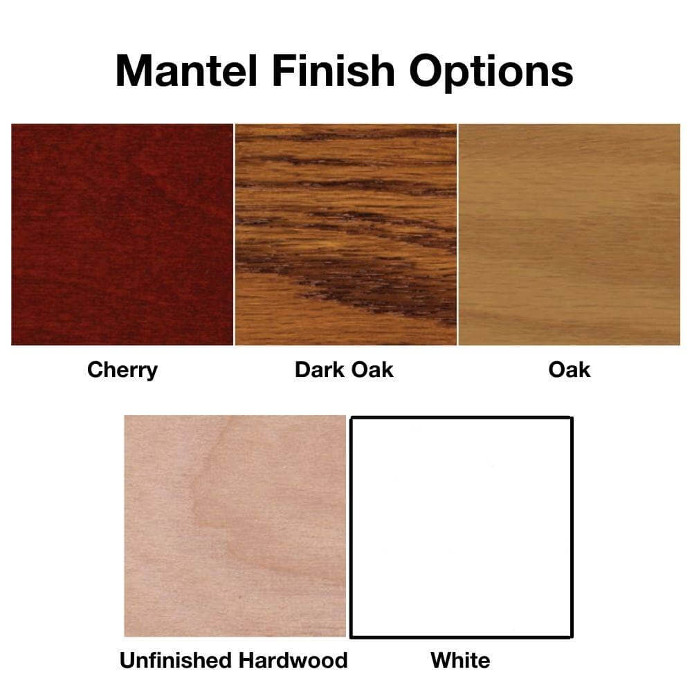 Empire Mantels for Vail Peninsula Gas Fireplace - Color swatches for mantel finish options including Cherry, Dark Oak, Oak, Unfinished Hardwood, and White.