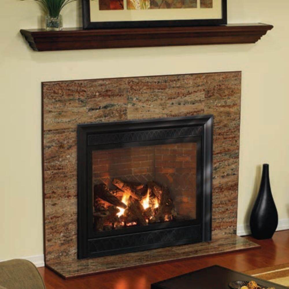 Empire Profile Wood Flush Mantel Shelf - Fireplace with stone surround and mantel on a wall.