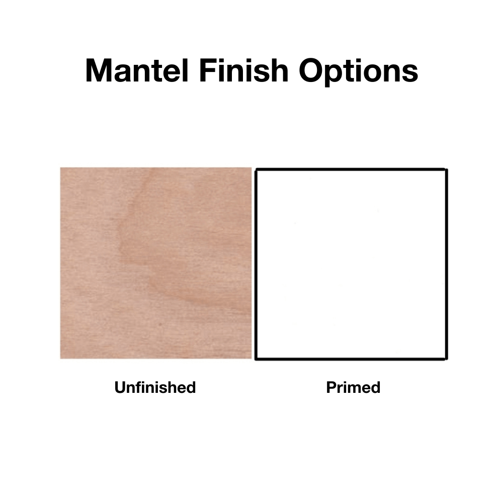 Empire Profile Wood Flush Mantel Shelf - Comparison of unfinished and primed wood finishes on a white background.