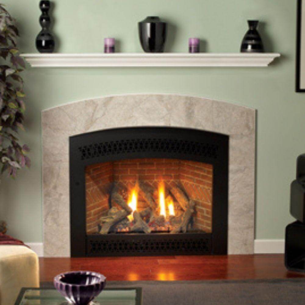 Empire Profile Wood Flush Mantel Shelf - Fireplace with decorative mantel against a light green wall