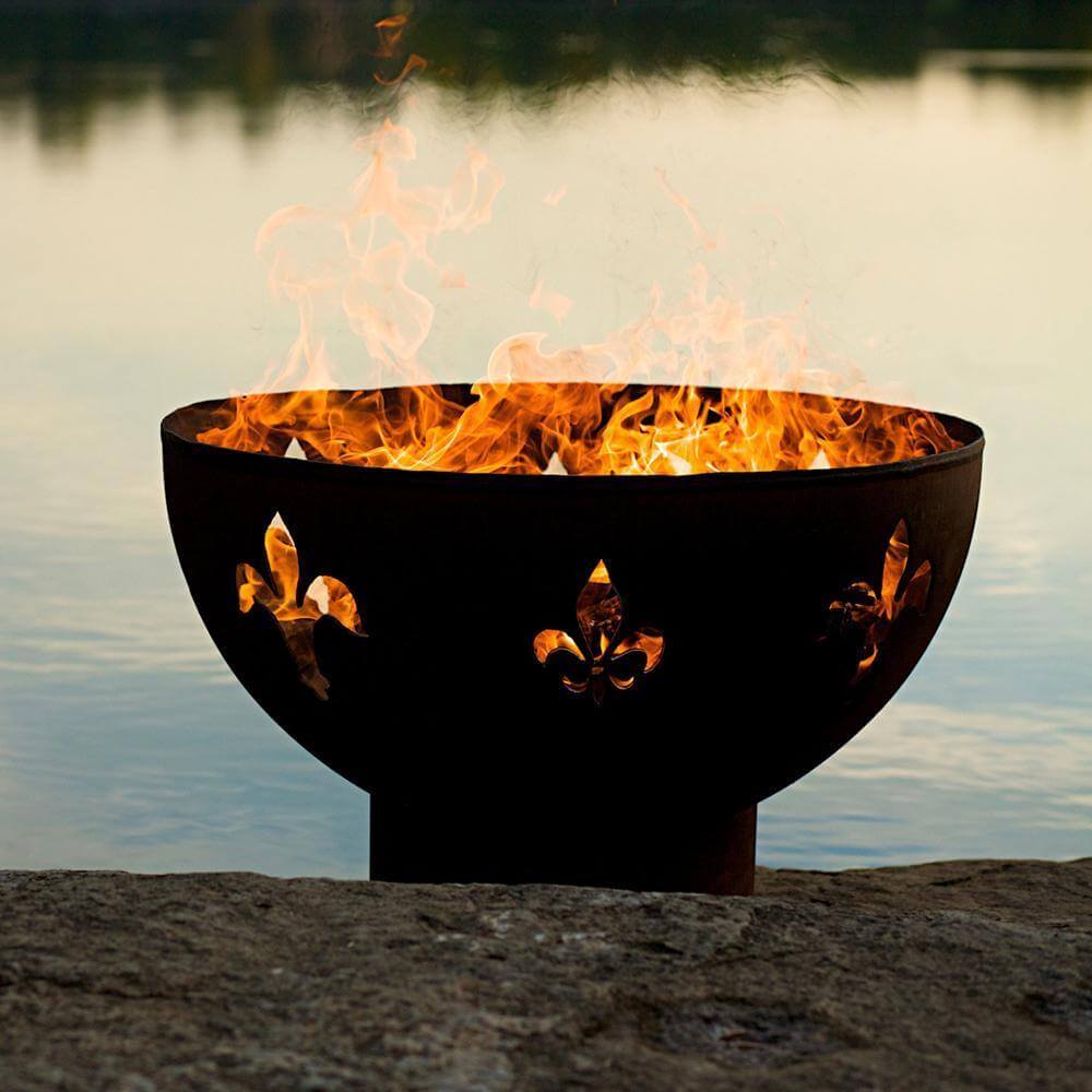 Fire Pit Art Fleur De Lis 36-Inch Handcrafted Carbon Steel Gas Fire Pit - with flames 