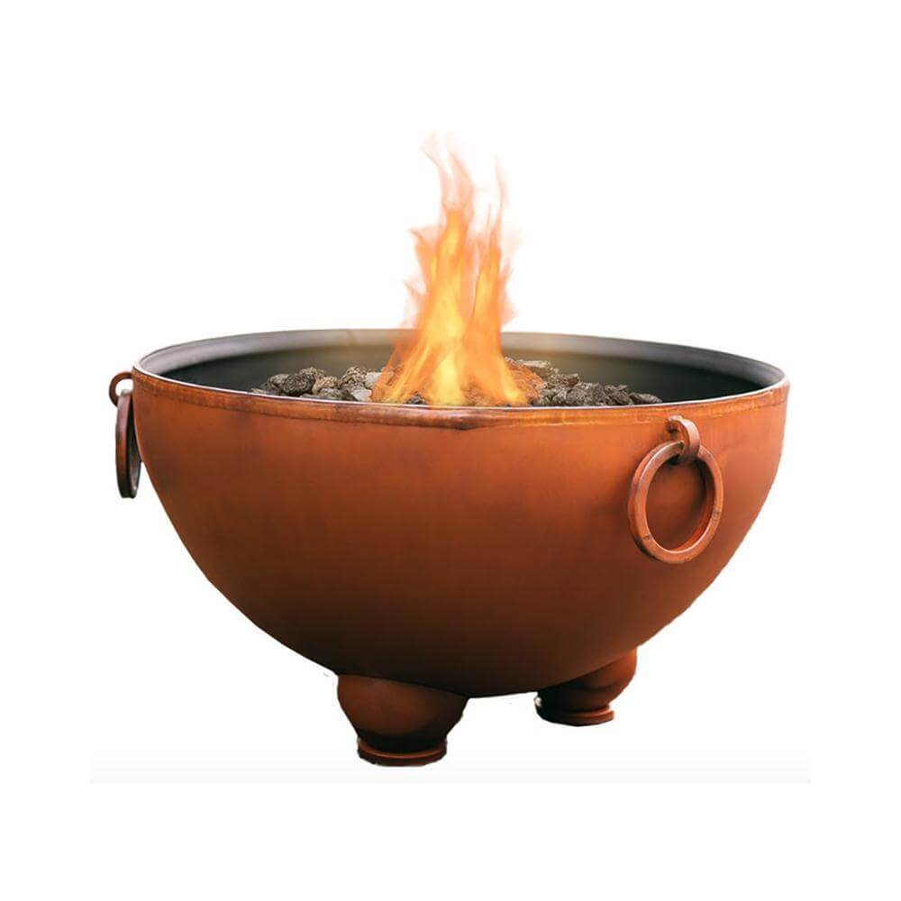 Fire Pit Art Nepal 41-Inch Handcrafted Carbon Steel Gas Fire Pit- Bronze fire pit with flames on a white background