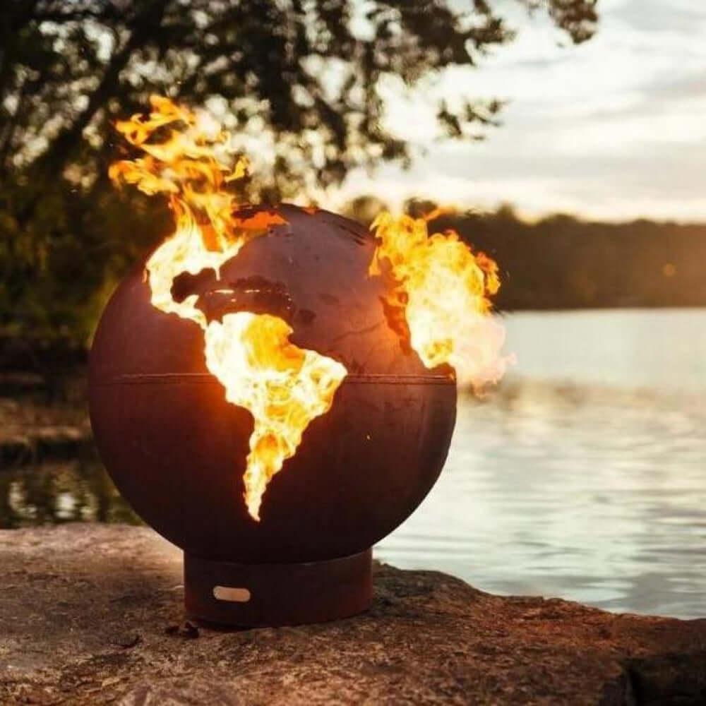 Fire Pit Art Third Rock 36-Inch Carbon Steel Gas Fire Globe - Flaming metal globe on a lakeside setting