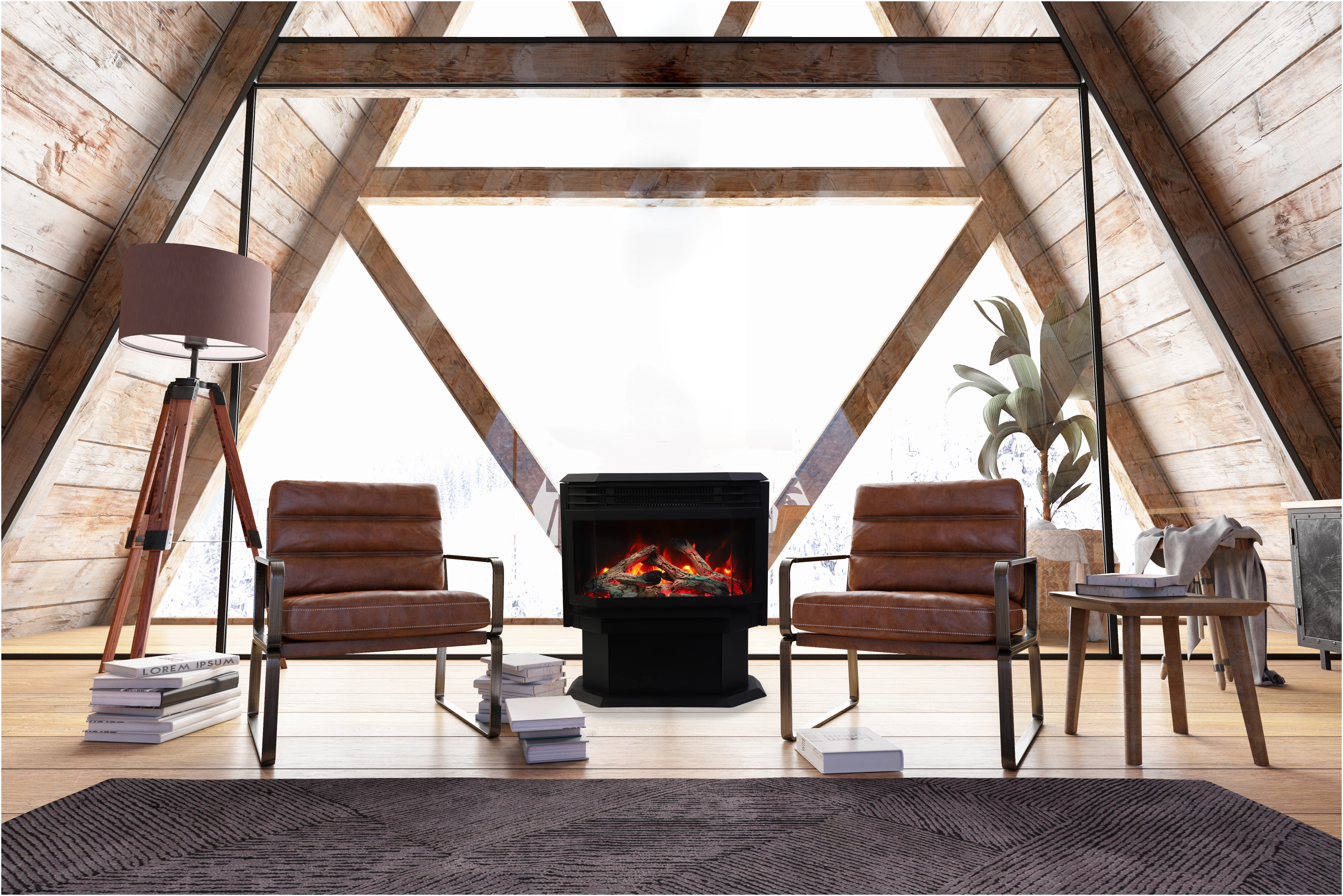 Amantii FS-26-922-LUMINA Freestanding Electric Fireplace - Modern living room with wooden beams, a fireplace, and brown chairs.
