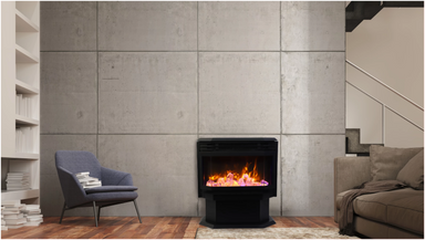 Amantii FS-26-922-LUMINA Freestanding Electric Fireplace - Modern living room with a electric fireplace, gray wall, and furniture.