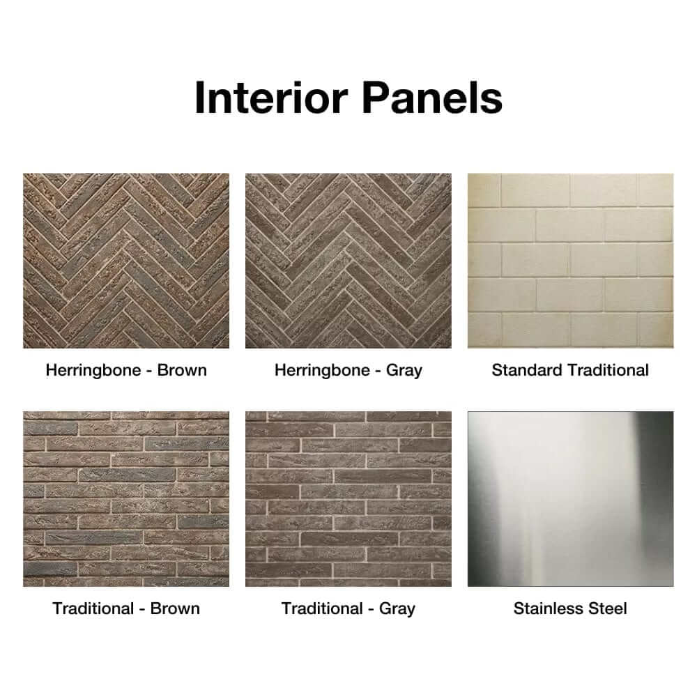 Interior panels options for Majestic Courtyard Vent-Free Outdoor Fireplace: herringbone and traditional styles.
