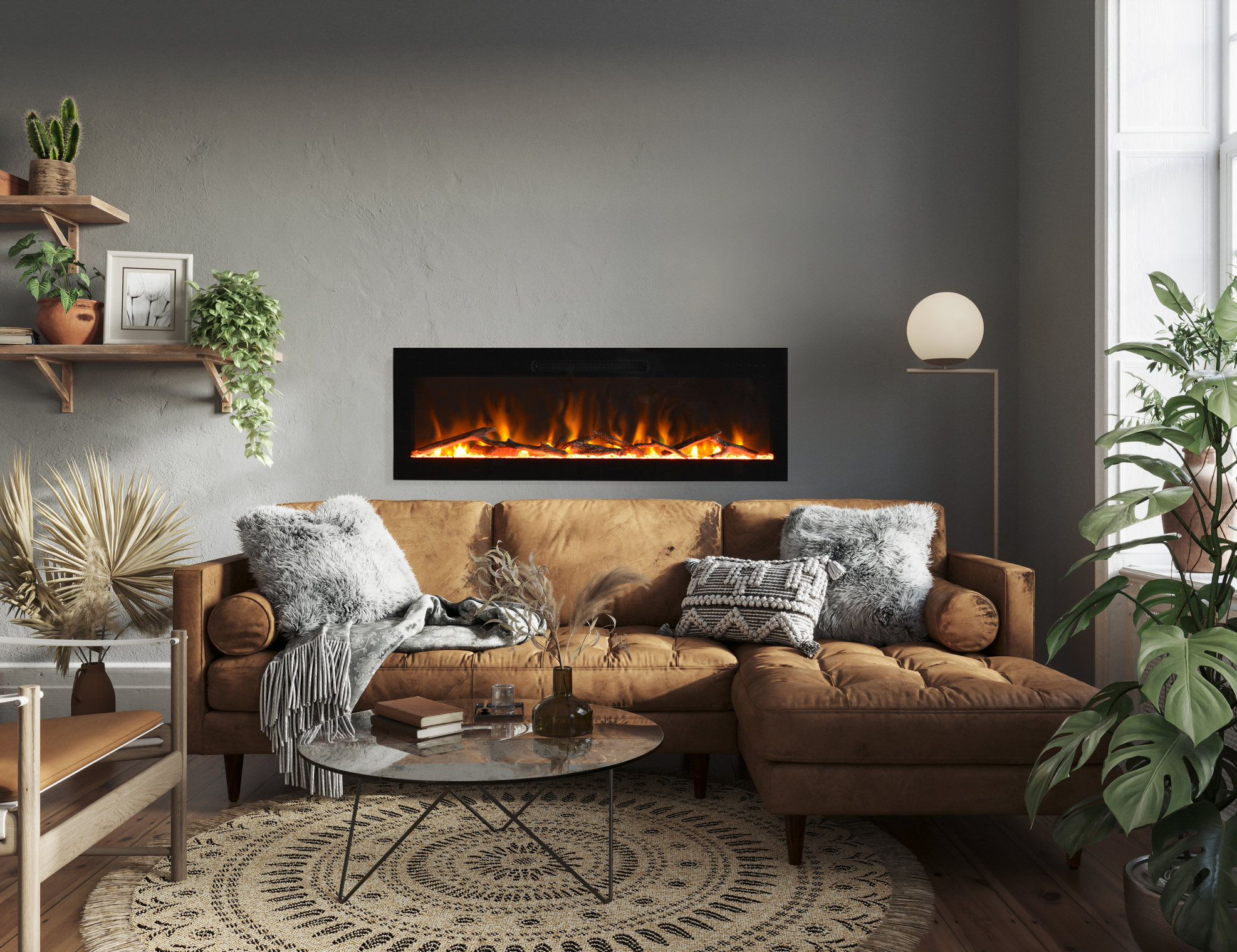 Evolution 60″ WiFi Enabled Wall Mounted Electric Fireplace- istalled above a couch