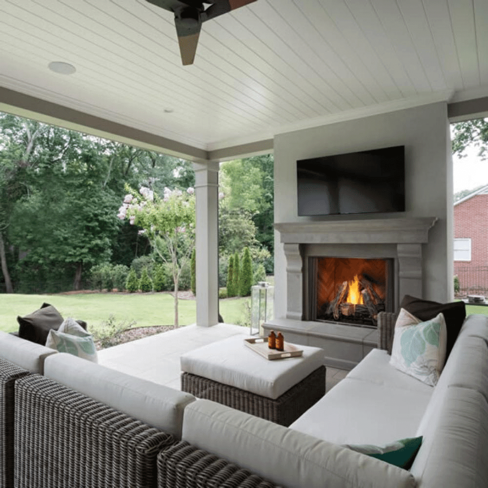 Cozy outdoor living space featuring a vent-free natural gas fireplace with a modern design.