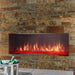 Majestic Lanai vent-free outdoor natural gas fireplace with flames against a stone wall, enhancing outdoor ambiance.