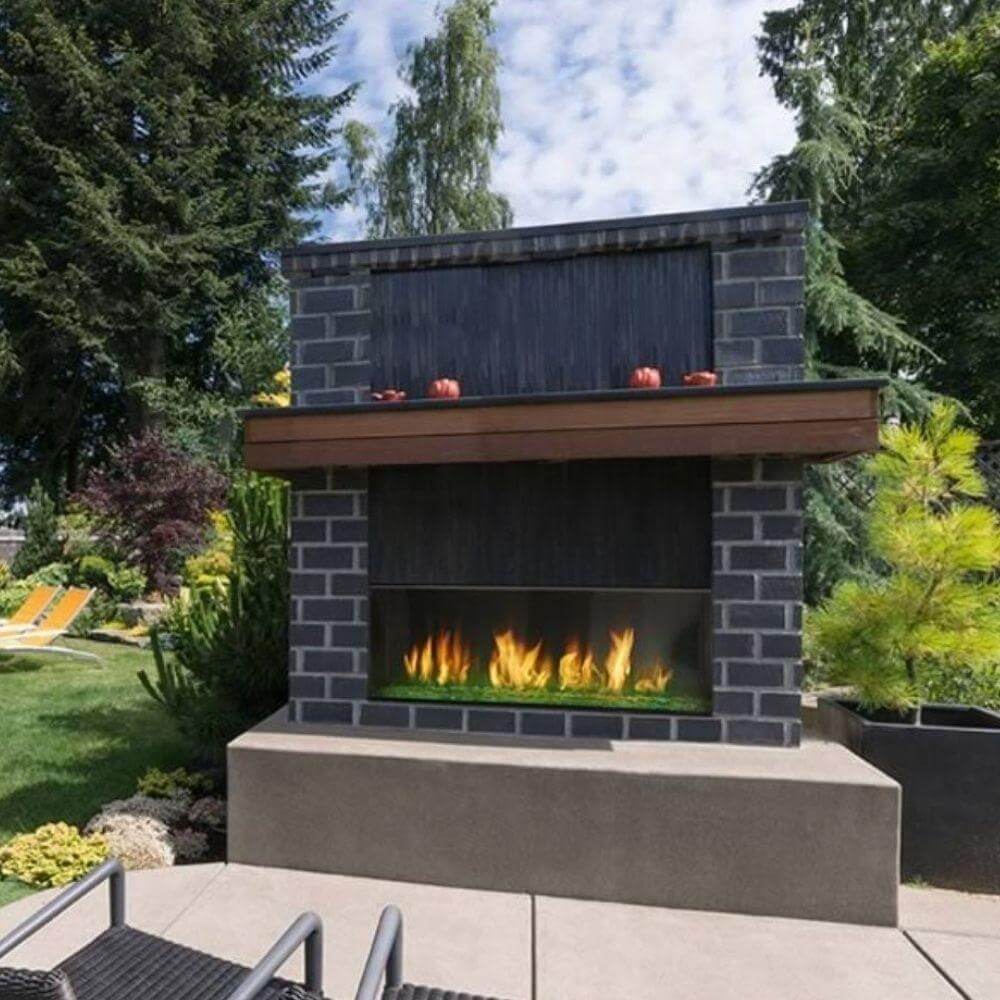 Majestic Lanai vent-free natural gas fireplace in an outdoor patio setting, enhancing warm ambiance and relaxation.